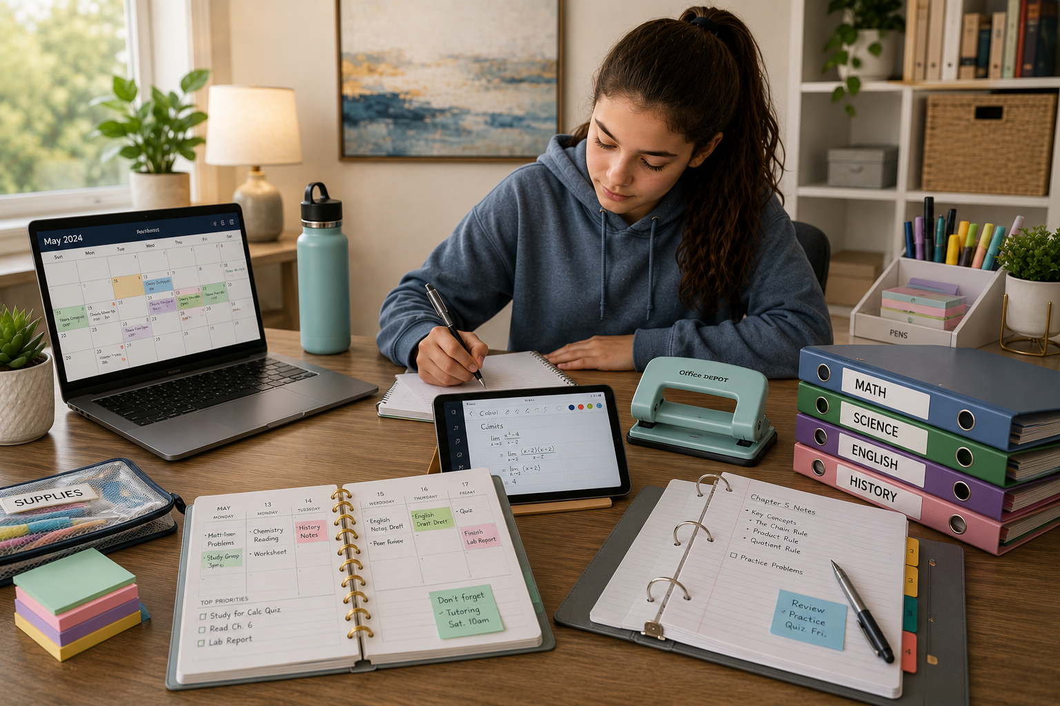 Homeschooled student using a planner and organized study materials for time management
